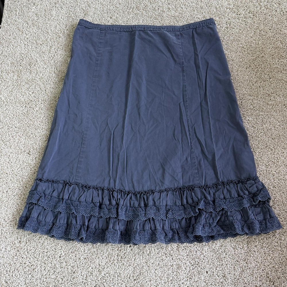 J.Crew Skirt Womens M Blue Solid A-Line Knee Length Ruffle Lace Eyelet Casual